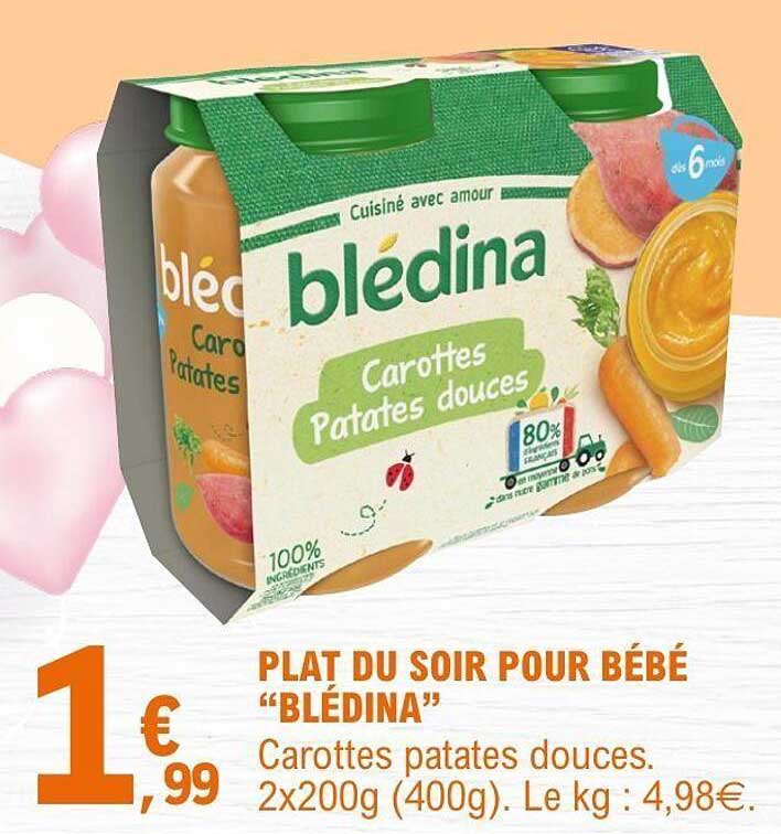PLAT DU SOIR POUR BÉBÉ “BLÉDINA” Carottes patates douces. 2x200g (400g). Le kg : 4,98€.