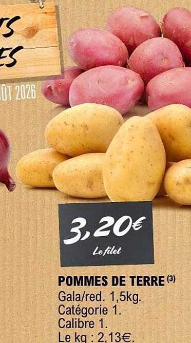 POMMES DE TERRE Gala/red. 1,5kg. Catégorie 1. Calibre 1. Le kg : 2,13€.