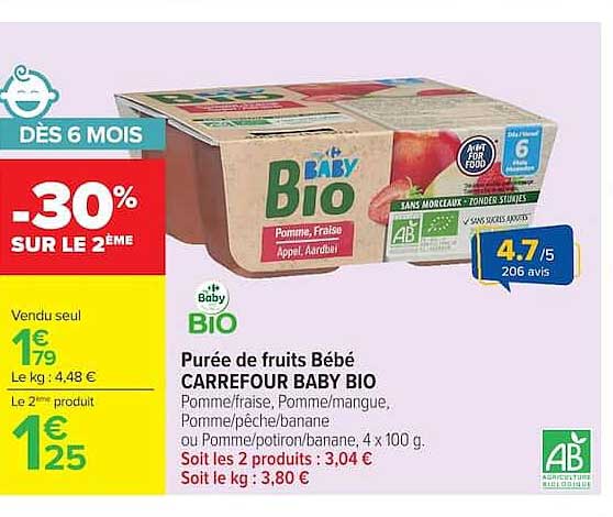 Purée de fruits Bébé CARREFOUR BABY BIO