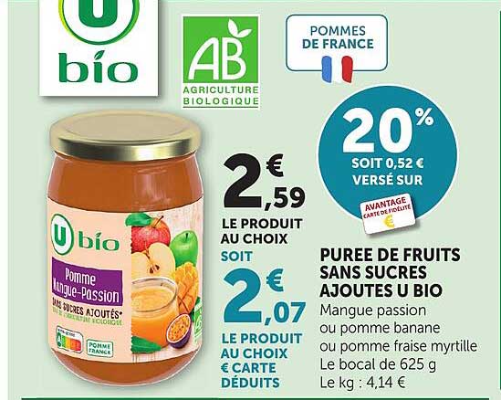 PUREE DE FRUITS SANS SUCRES AJOUTES U BIO