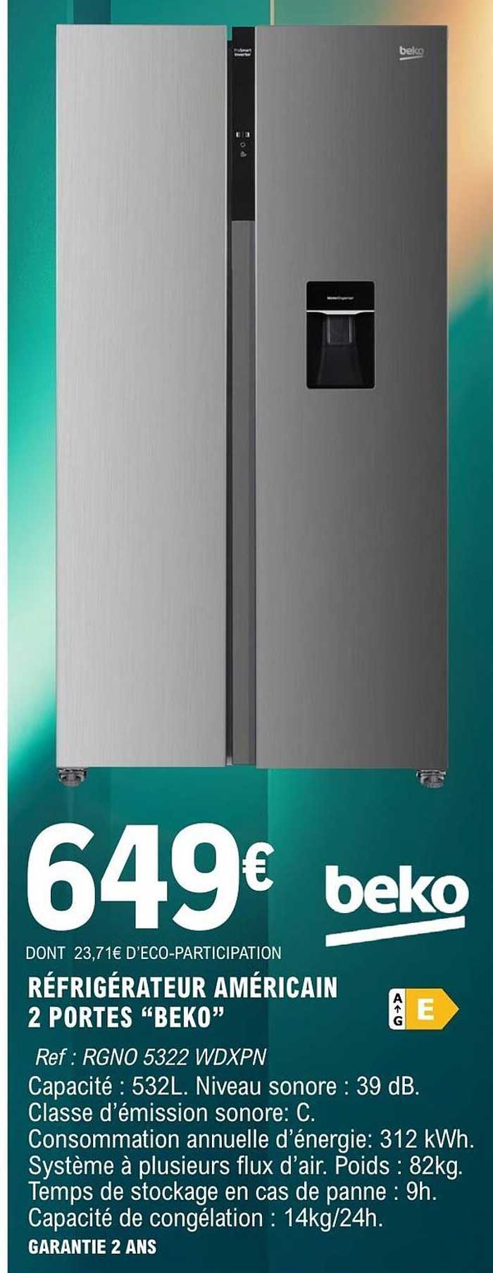 RÉFRIGÉRATEUR AMÉRICAIN 2 PORTES “BEKO”