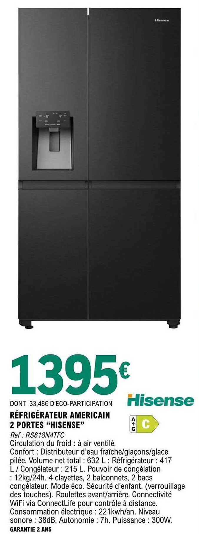 RÉFRIGÉRATEUR AMÉRICAIN 2 PORTES “HISENSE”