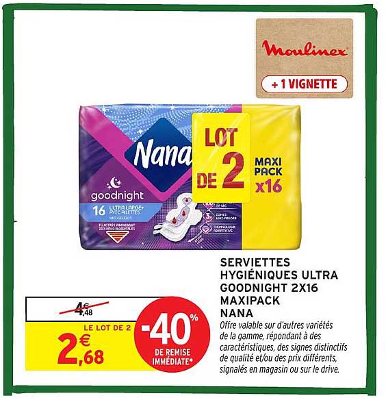SERVIETTES HYGIÉNIQUES ULTRA GOODNIGHT 2X16 MAXIPACK NANA