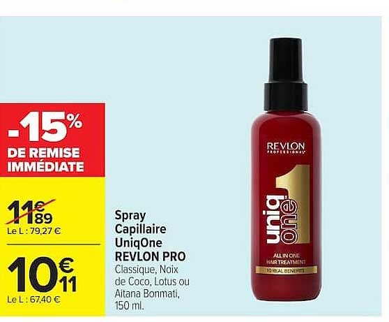 Spray Capillaire UniqOne REVLON PRO Classique, Noix de Coco, Lotus ou Altana Bonmati, 150 ml.