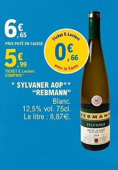 SYLVANER AOP** "REBMMANN" Blanc. 12,5% vol. 75cl. Le litre : 8,87€.
