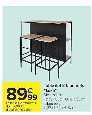 Table îlot 2 tabourets "Loka"