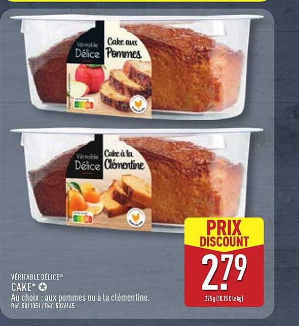 VÉRITABLE DÉLICE® CAKE* Au choix : aux pommes ou à la clémentine.