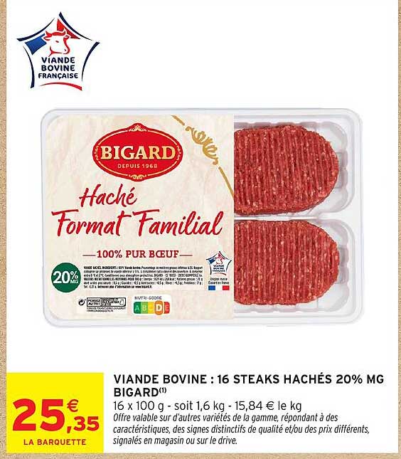 VIANDE BOVINE : 16 STEAKS HACHÉS 20% MG BIGARD
