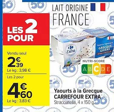 Yaourts à la Grecque CARREFOUR EXTRA Stracciatella, 4 x 150 g