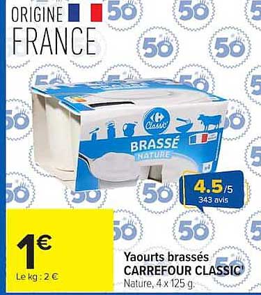 Yaourts brassés CARREFOUR CLASSIC Nature, 4 x 125 g