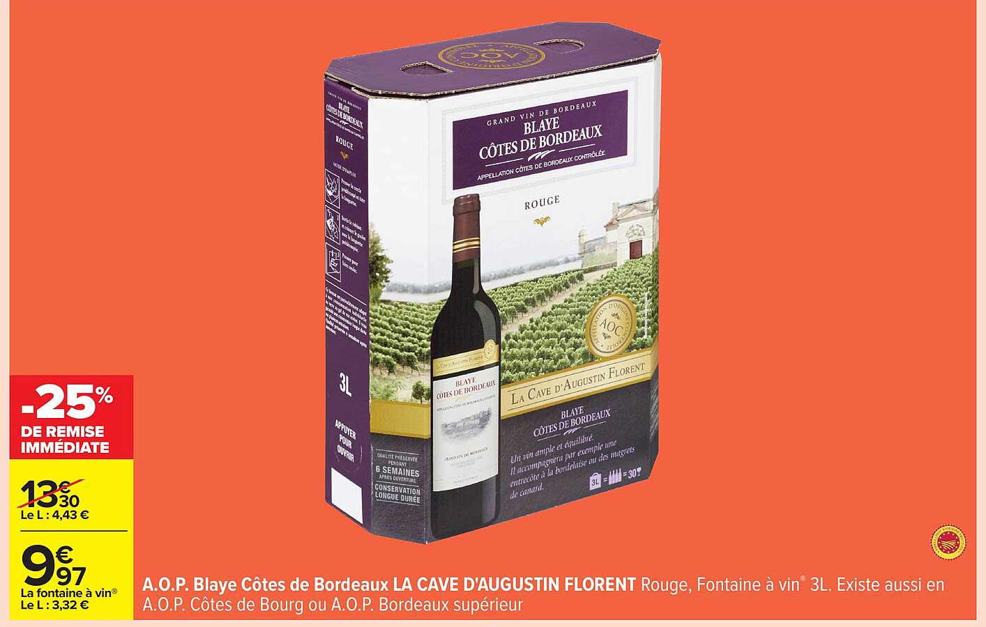 A.O.P. Blaye Côtes de Bordeaux LA CAVE D'AUGUSTIN FLORENT Rouge, Fontaine à vin 3L