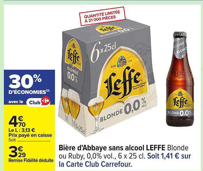 Bière d'Abbaye sans alcool LEFFE Blonde ou Ruby, 0,0% vol., 6 x 25 cl