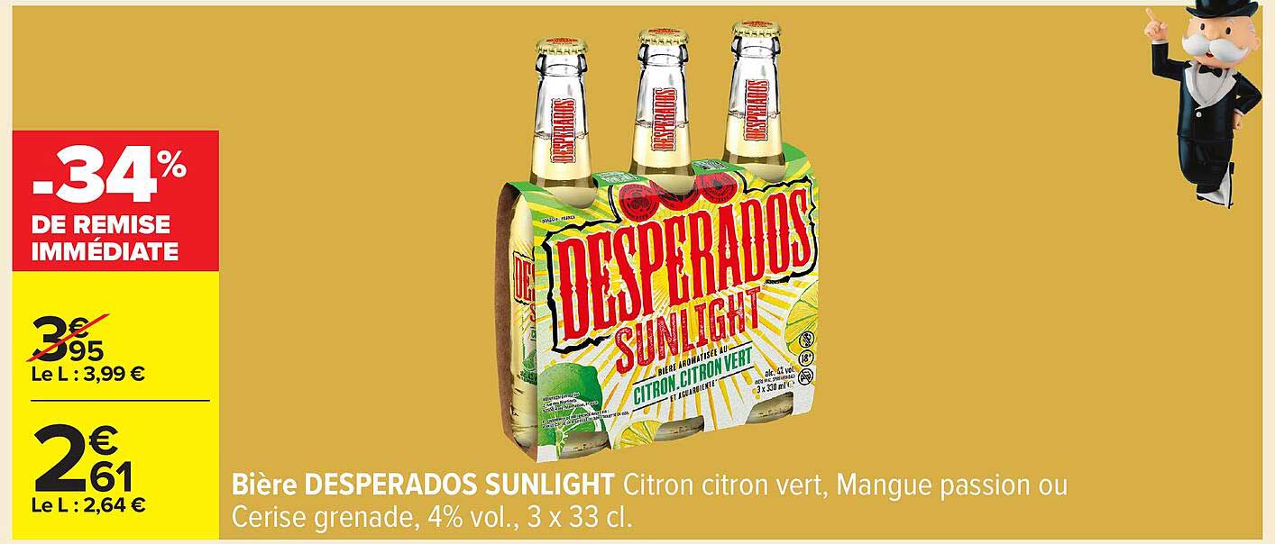 Bière DESPERADOS SUNLIGHT Citron citron vert, Mangue passion ou Cerise grenade, 4% vol., 3 x 33 cl.