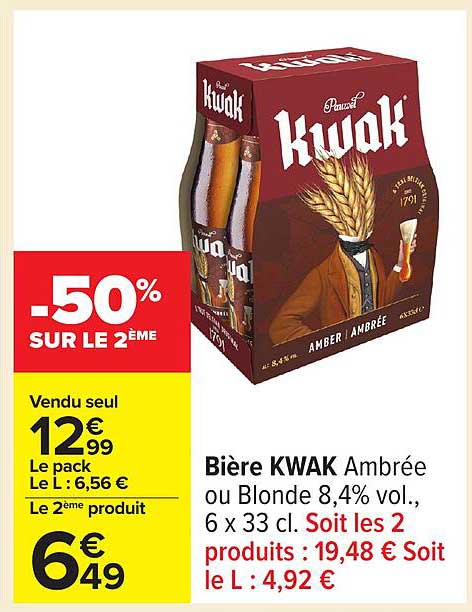 Bière KWAK Ambrée ou Blonde 8,4% vol., 6 x 33 cl