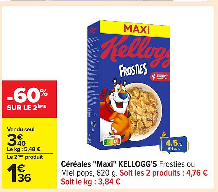Céréales "Maxi" KELLOGG'S Frosties ou Miel pops, 620 g.