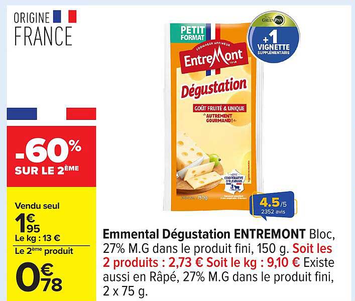Emmental Dégustation ENTREMONT Bloc, 27% M.G dans le produit fini, 150 g.