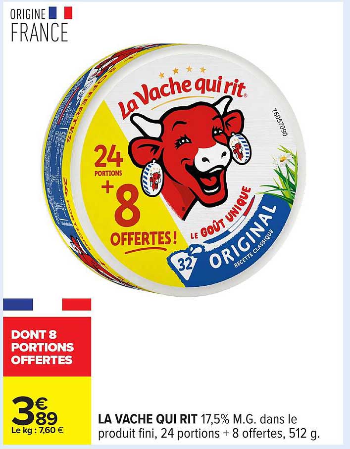 LA VACHE QUI RIT 17,5% M.G. dans le produit fini, 24 portions + 8 offertes, 512 g.