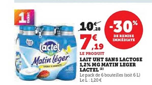 Lait UHT sans lactose 1,2% MG Matin Léger Lactel