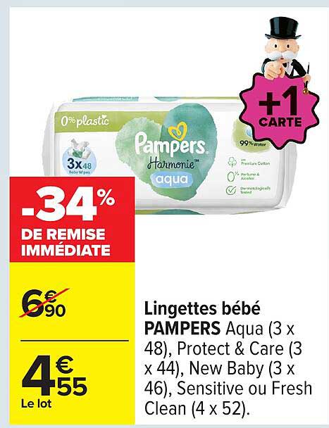 Lingettes bébé PAMPERS Aqua (3 x 48), Protect & Care (3 x 44), New Baby (3 x 46), Sensitive ou Fresh Clean (4 x 52)