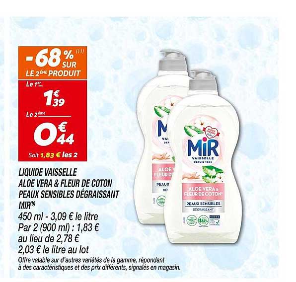 LIQUIDE VAISSELLE ALOE VERA & FLEUR DE COTON PEAUX SENSIBLES DÉGRASANT MIR
