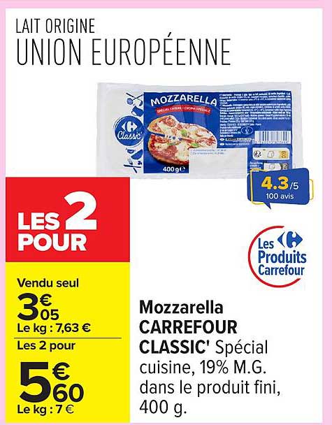 Mozzarella CARREFOUR CLASSIC' Spécial cuisine, 19% M.G. dans le produit fini, 400 g.