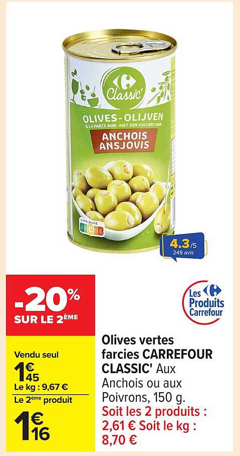 Olives vertes farcies CARREFOUR CLASSIC' Aux Anchois ou aux Poivrons, 150 g.