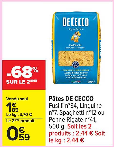 Pâtes DE CECCO Fusilli n°34, Linguine n°7, Spaghetti n°12 ou Penne Rigate n°41
