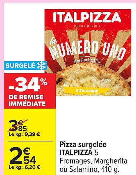 Pizza surgelée ITALPIZZA 5 Fromages, Margherita ou Salamin, 410 g