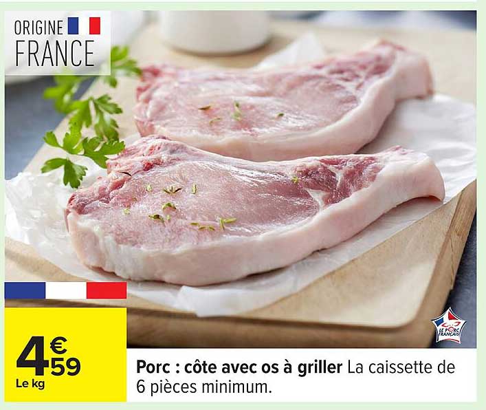 Porc : côte avec os à griller La caissette de 6 pièces minimum.