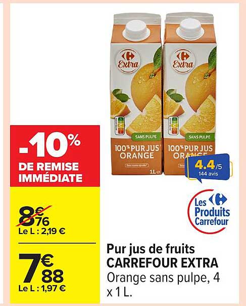 Pur jus de fruits CARREFOUR EXTRA Orange sans pulpe, 4 x 1 L