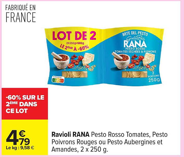 Ravioli RANA Pesto Rosso Tomates, Pesto Poivrons Rouges ou Pesto Aubergines et Amandes, 2 x 250 g