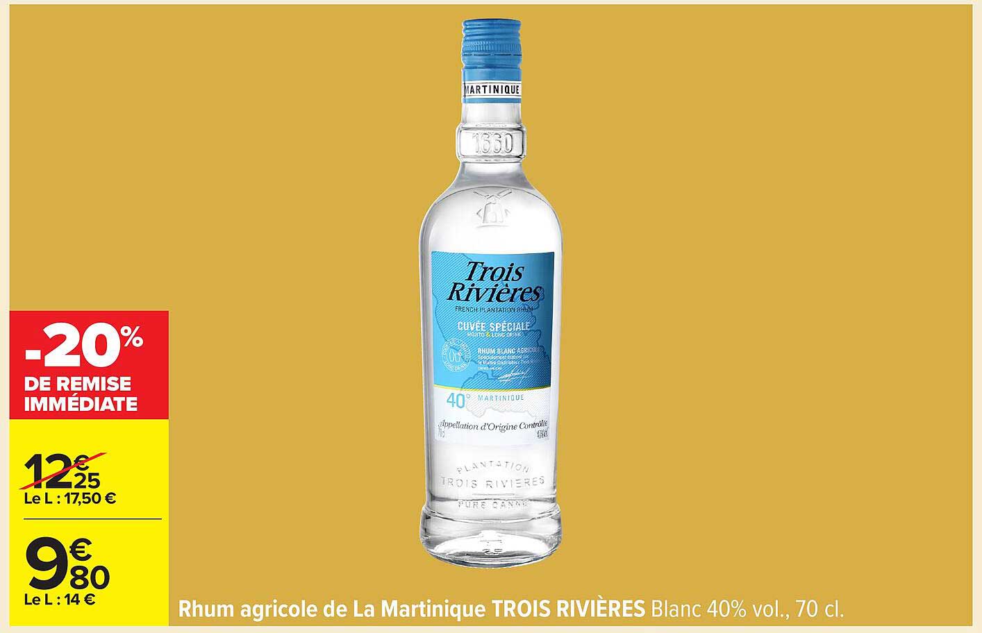 Rhum agricole de La Martinique TROIS RIVIÈRES Blanc 40% vol., 70 cl.