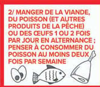 2/ MANGER DE LA VIANDE, DU POISSON (ET AUTRES PRODUITS DE LA PÊCHE) OU DES OEUFS 1 OU 2 FOIS PAR JOUR EN ALTERNANCE ; PENSER À CONSOMMER DU POISSON AU MOINS DEUX FOIS PAR SEMAINE