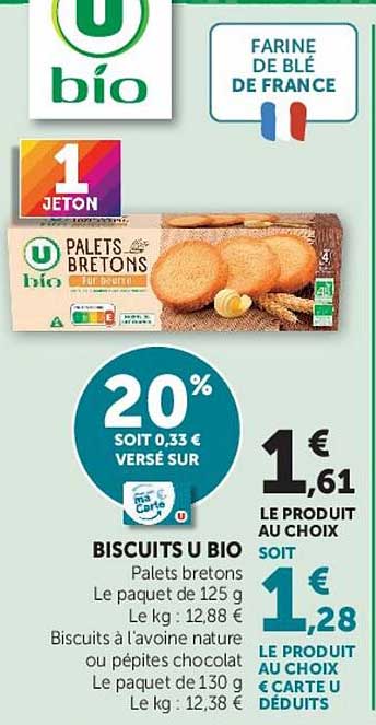 20% SOIT 0,33 € VERSE SUR BISCUITS U BIO