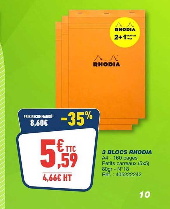 3 BLOCS RHODIA A4 - 160 pages Petits carreaux (5x5) 80gr - N°18 Réf. : 40522242