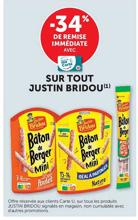 -34% de remise immédiate avec la carte U sur tout Justin Bridou