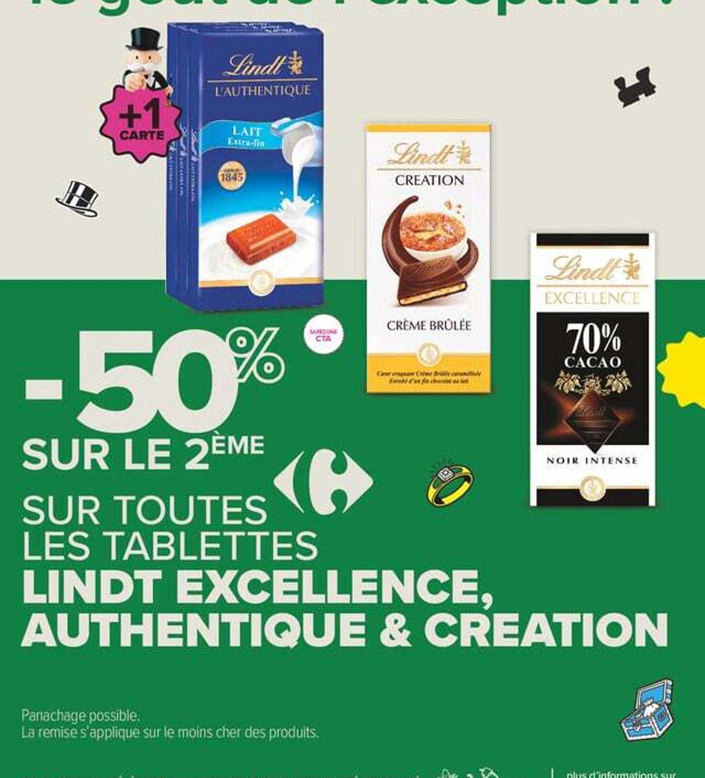 -50% SUR LE 2ÈME SUR TOUTES LES TABLETTES LINDT EXCELLENCE, AUTHENTIQUE & CREATION