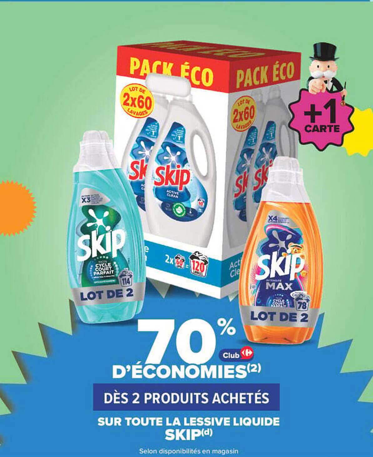 70% D'ÉCONOMIES(2) DÈS 2 PRODUITS ACHETÉS SUR TOUTE LA LESSIVE LIQUIDE SKIP(d)