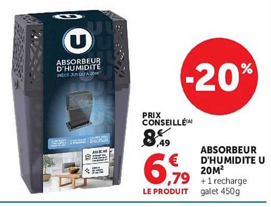 ABSORBEUR D'HUMIDITE U 20M² + 1 recharge galet 450g