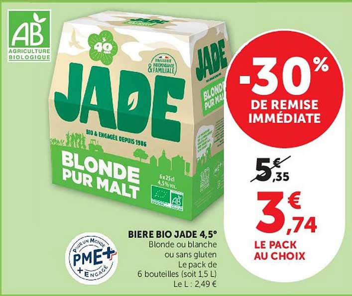 BIERE BIO JADE 4,5° Blonde ou blanche ou sans gluten Le pack au choix