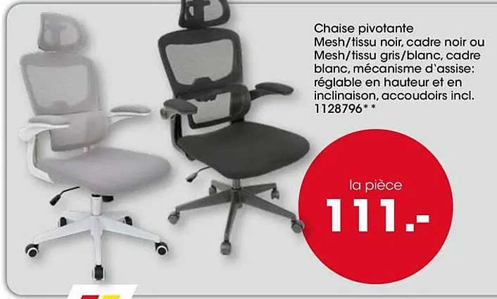 Chaise pivotante Mesh/tissu noir, cadre noir ou Mesh/tissu gris/blanc, cadre blanc, mécanisme d'assise: réglable en hauteur et en inclinaison, accoudoirs incl.