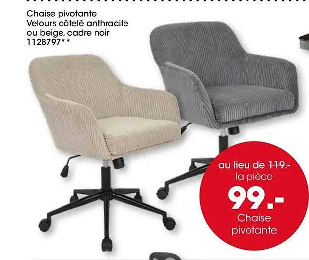 Chaise pivotante Velours côtelé anthracite ou beige, cadre noir 1128797**