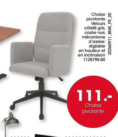 Chaise pivotante Velours côtelé gris, cadre noir, mécanisme d'assise réglable en hauteur et en inclinaison 1128795-00