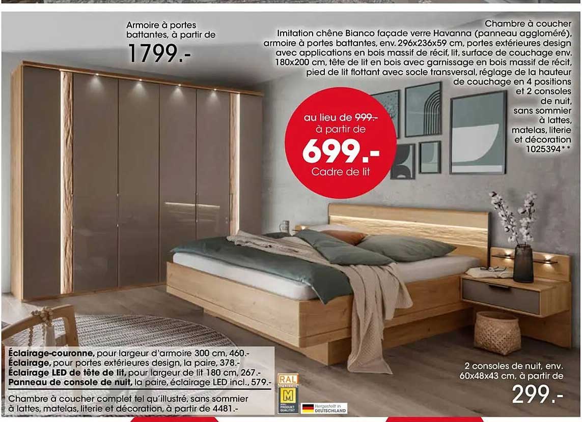 Chambre à coucher complet tel qu'illustré, sans sommier à lattes, matelas, literie et décoration, à partir de 4481.-