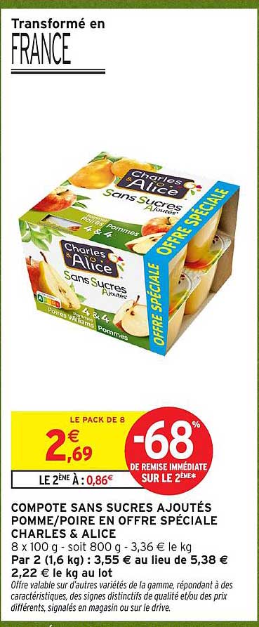 COMPOTE SANS SUCRES AJOUTÉS POMME/POIRE EN OFFRE SPÉCIALE CHARLES & ALICE