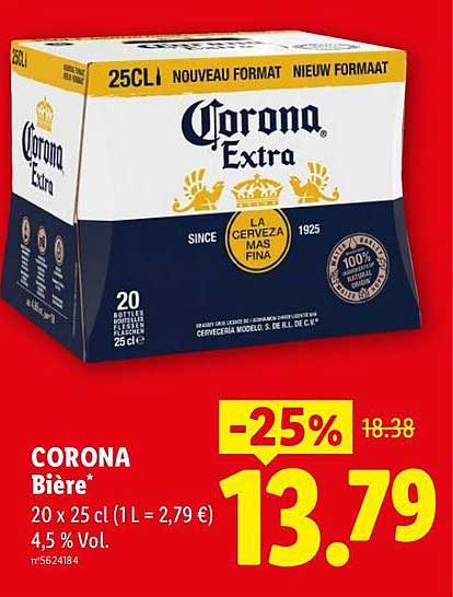 CORONA Bière* 20 x 25 cl (1L = 2,79 €) 4,5 % Vol.