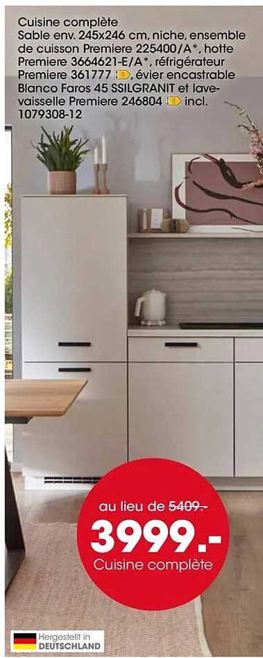 Cuisine complète Sable env. 245x246 cm, niche, ensemble de cuisson Premiere 225400/A*, hotte Premiere 3664621-E/A*, réfrigérateur Premiere 361777, évier encastrable Blanco Faros 45 SSILGRANIT et lave-vaisselle Premiere 246804 incl. 1079308-12
