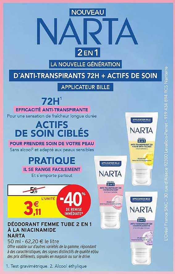 DÉODORANT FEMME TUBE 2 EN 1 À LA NIACINAMIDE NARTA