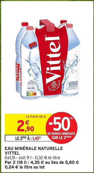 EAU MINÉRALE NATURELLE VITTEL 6x1,5l - soit 9 l - 0,32 € le litre