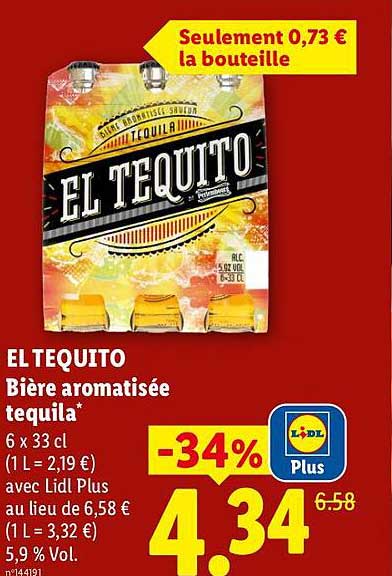 EL TEQUITO Bière aromatisée tequila* 6 x 33 cl (1 L = 2,19 €) avec Lidl Plus au lieu de 6,58 € (1 L = 3,32 €) 5,9 % Vol.